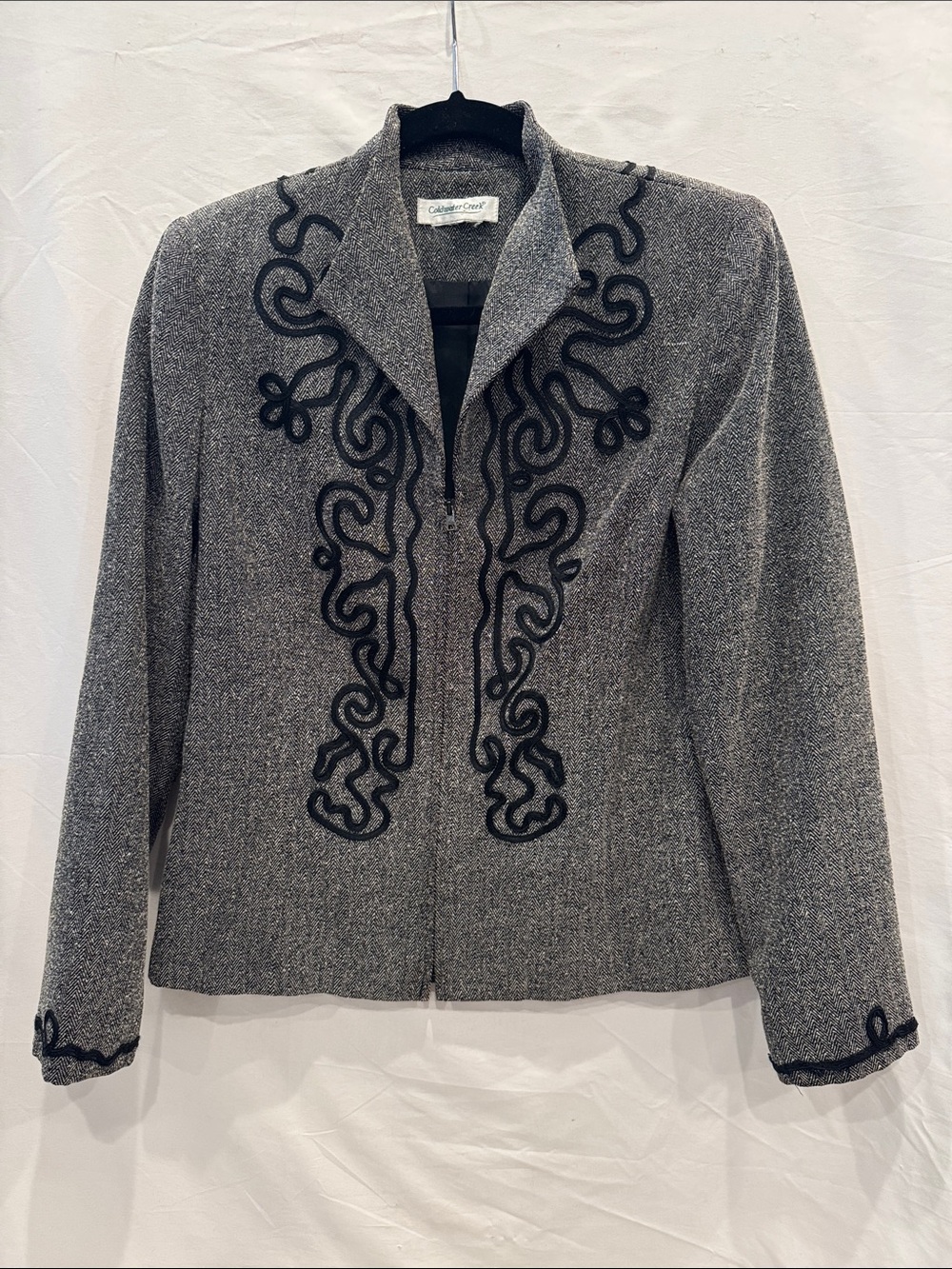 Coldwater Creek Gray Zip-Up Blazer Jacket with Black Embroidered Trim Size M
